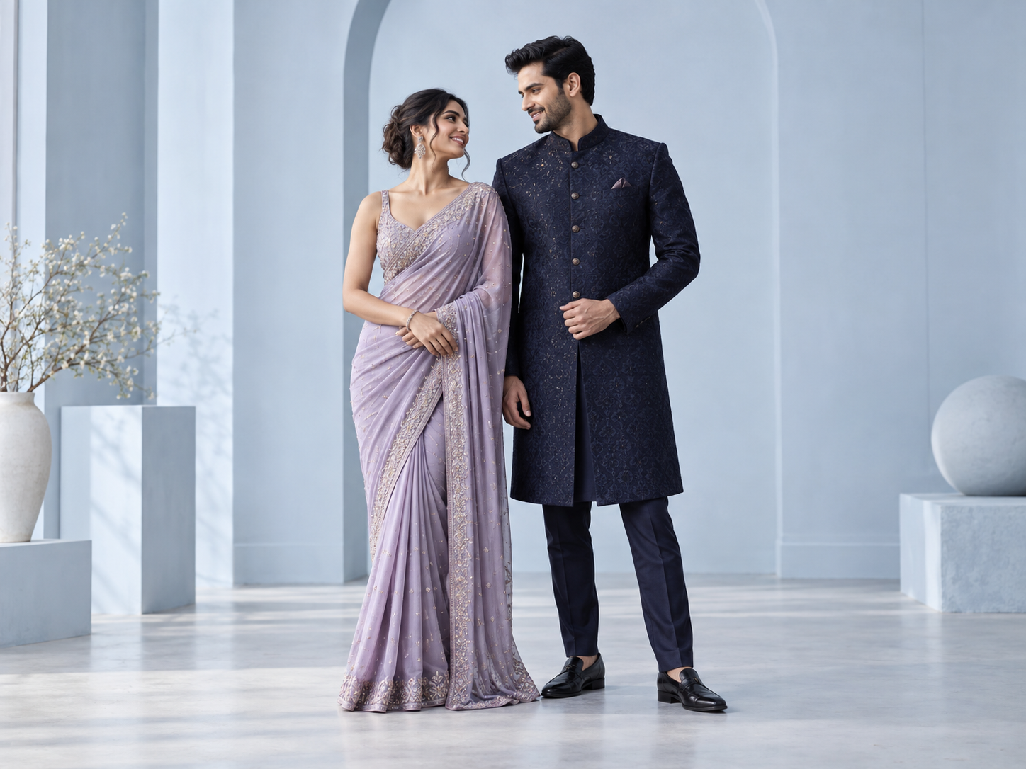 Illustrative campaign of a couple in coordinated lavender and midnight occasion wear