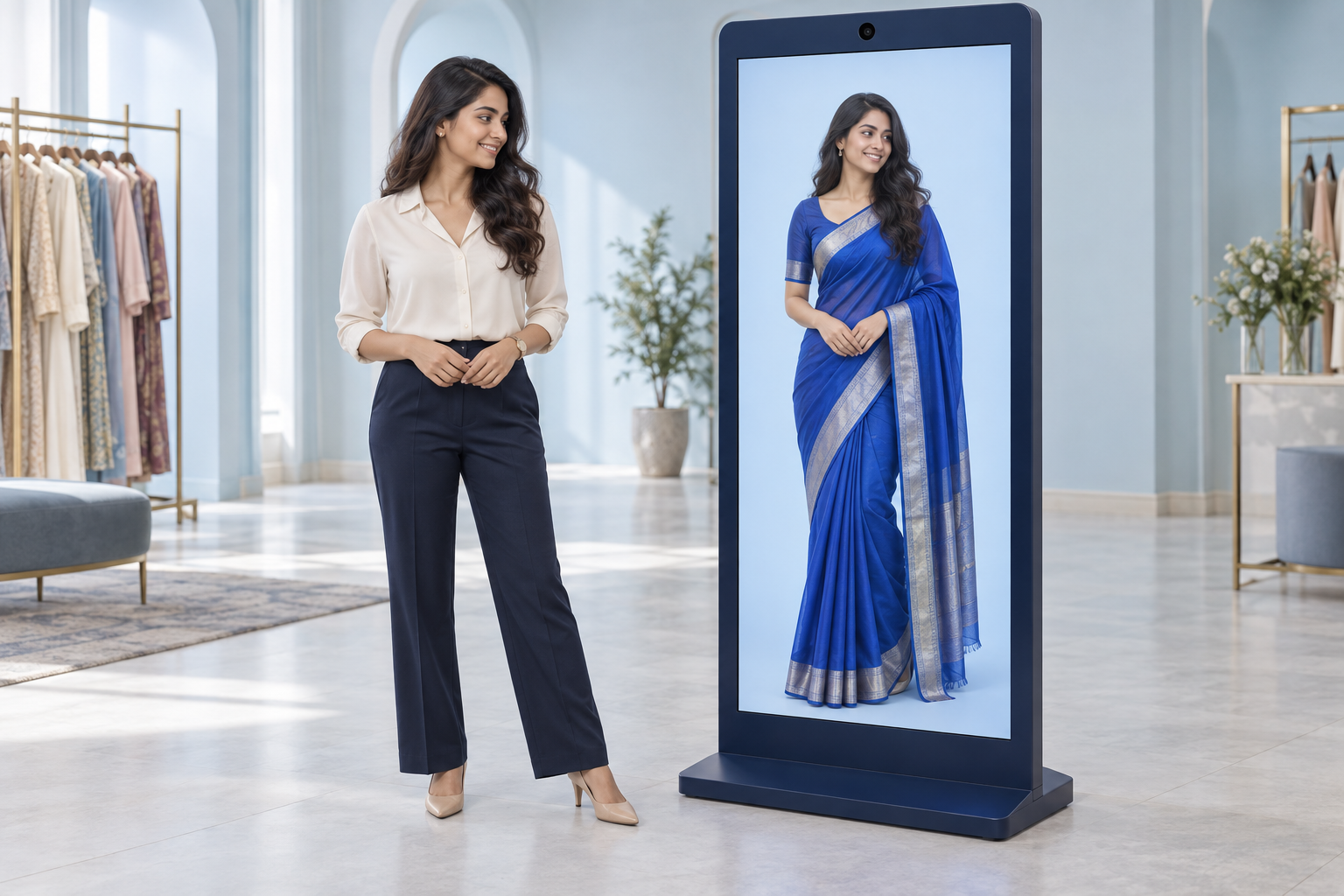 Illustrative digital standee: a woman wearing an ivory blouse and navy trousers stands beside a screen showing the same woman in a cobalt-blue saree